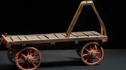 Poster - A wooden cart with red wheels sitting on a black surface