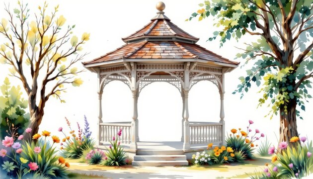 a watercolor clipart rendering of a charming garden rotunda, its delicate curves and whimsical architecture set against a pristine white backdrop.