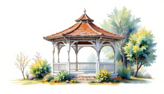 a watercolor clipart rendering of a charming garden rotunda, its delicate curves and whimsical architecture set against a pristine white backdrop.