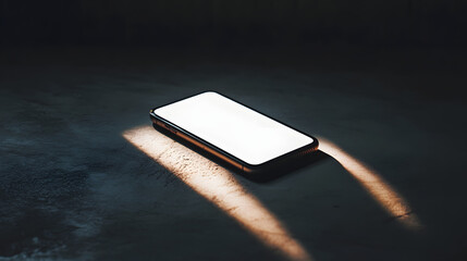 Poster - Modern Smartphone's Dark Allure: A sleek smartphone glows brightly, illuminated in a beam of light against a moody, dark backdrop, evoking a sense of mystery and technological sophistication.