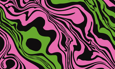 Fototapete - Vector illustration features an abstract pattern with flowing, wavy shapes in neon pink, green, and black. The bold, modern design adds a dynamic and playful touch to backgrounds or creative projects.