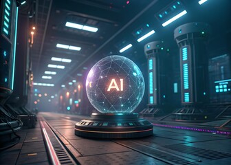 Fototapete - AI Technology Futuristic Data Center with Illuminated AI Sphere