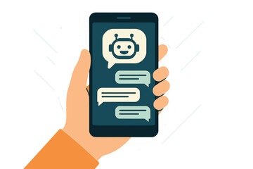 Poster - A chatbot and future marketing concept is depicted as a chatbot icon, with a hand holding a mobile phone displaying an automatic chatbot message screen against an abstract background