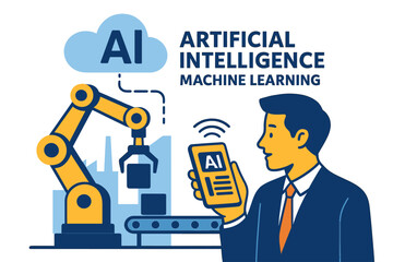 Poster - a businessman utilizes a smartphone to control a robot in a factory, leveraging innovative technolog