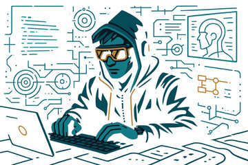Poster - Envision a proficient cyberpunk hacker situated in a futuristic environment, enveloped by holographic interfaces, complex code, and virtual reality components