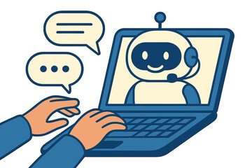 Poster - A chatbot powered by  assists in a robotic conversation with a human being, focusing on the keyboard and hands in a close-up shot