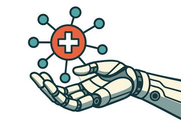 Poster - A 3D rendering of a cyborg hand grasping a medical icon and connection