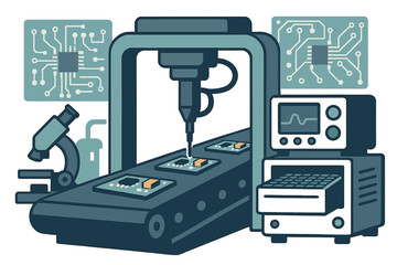 Poster - The laboratory's electronic equipment includes production of miniature printed circuit boards, a robot for assembling electronic components, and a high-precision machine for production automation