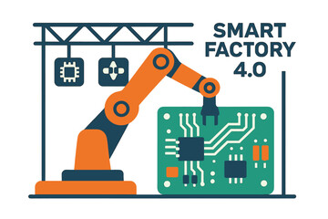 Poster - The concept of Smart factory 0 is represented by an automated robotic assembly of an electronic circuit board