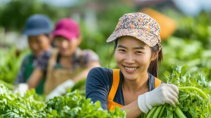 Poster - A woman holds a bunch of carrots in a sunny field, ready for harvest