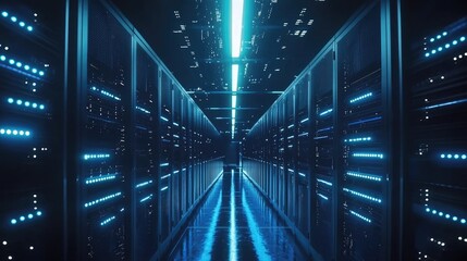 Poster - Futuristic data corridor with blue server lights, perfect for representing hybrid cloud solutions, AI networks, or innovative IT infrastructures
