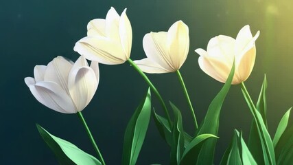 Poster - A bouquet of three white tulips with green leaves sits against a bright blue background