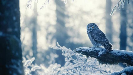 Poster - A bird sits on a tree branch amidst the snow-covered trees of a winter forest