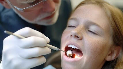Poster - A young girl sitting in a dentist chair having her teeth brushed