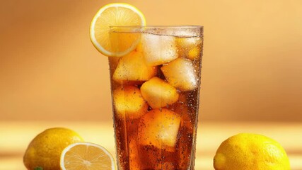 Poster - A refreshing glass of iced tea served with slices of lemon on a table