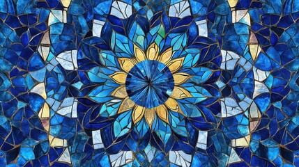Poster - Blue ceramic stain glass mosaic tile texture background pattern illustration , no logos, no brands
