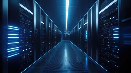 Poster - Modern corridor lined with advanced servers lit in vibrant blue showcases digital infrastructure excellence, useful for AI services, network hosting, or futuristic tech branding