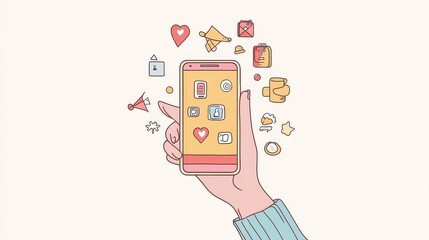Poster - Hand holding smartphone with hand drawn media icons and symbols concept illustration , no logos, no brands