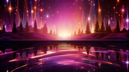 Poster - Beautiful, colorful, and surreal landscape with a purple sky and a purple lake. The sky is filled with stars and the lake is surrounded by trees. The scene is peaceful and calming