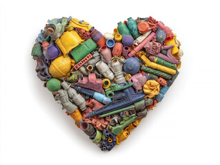 Fototapete - heart-shaped arrangement of multicolored debris yellow, green, blue, pink in a neutral background, c