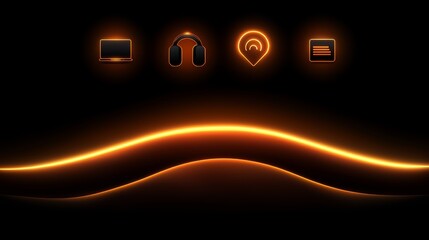 Fototapete - Black background with a yellow line and four icons on it. The icons are a laptop, headphones, a remote control, and a TV. Concept of technology and entertainment