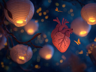 Fototapete - a floating, translucent heart in a dark setting, surrounded by varying-sized lanterns with flickerin