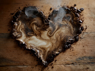 Fototapete - close-up, overhead view of a heart-shaped latte art on a coffee cup wooden surface below hot beverag