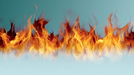 Fototapete - Bright orange flames flicker and dance energetically against a soft pastel backdrop, creating a striking visual contrast that emphasizes the intensity of fire