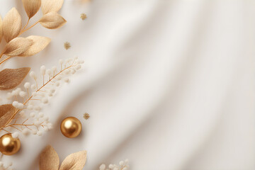 Wall Mural - Elegant New Year's white background with golden New Year's balls and decorative plants. Merry Christmas and Happy New Year greeting card.	