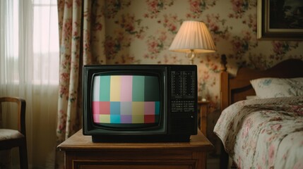 Aufkleber - A vintage television displaying a colorful test pattern sits on a wooden table in a charming room adorned with floral wallpaper, creating a nostalgic ambiance