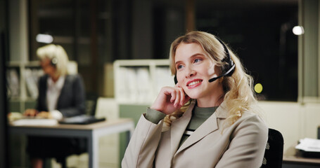 Aufkleber - Woman, call center and coworking office at night for communication, contact us or telecom agency. Customer service, working later and CRM for help desk, support or advice with agent in workplace