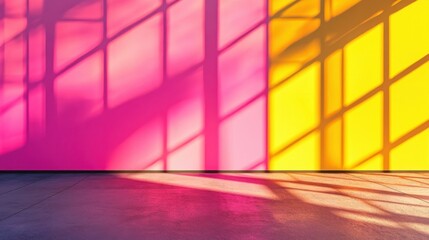 Poster - a minimalist wall with bold and vibrant neon gradient shadows of window panes in hot pink and yellow hues creating a striking abstract composition