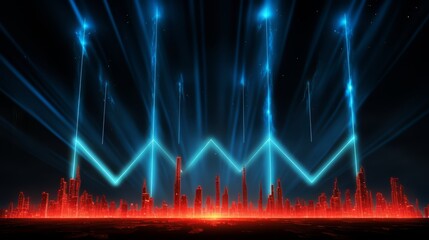 Fototapete - Cityscape with a red and blue background. The city is lit up with bright lights and the buildings are tall. Scene is energetic and lively