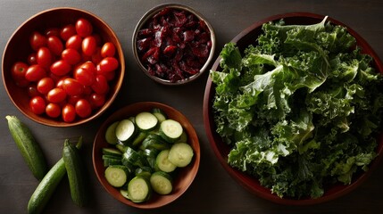 Aufkleber - Colorful cherry tomatoes, leafy greens, and cucumber slices are arranged in wooden bowls, highlighting freshness and vibrancy against a dark matte background
