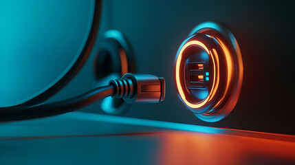 Poster - Futuristic Neon Cable Connecting to Glowing Orange Port