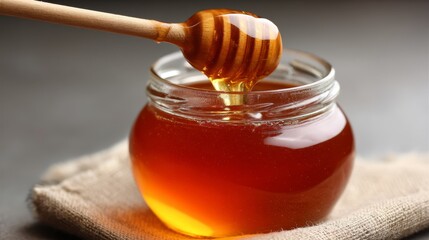 Poster - Honey slowly drips from a wooden dipper into a glass jar, highlighting its viscous texture and glow, set against a soft linen backdrop with gentle lighting
