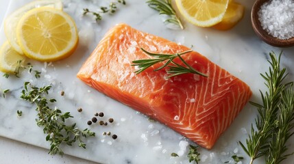 Poster - Fresh raw salmon fillet rests on a white surface, garnished with rosemary, lemon slices, coarse salt, and cracked pepper for an appetizing presentation