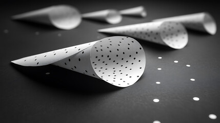 Poster - abstract paper cones with dots on dark surface minimalist and monochromatic composition