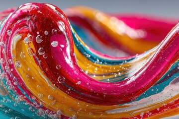 Poster - A mesmerizing close-up of vibrant, swirling colors encapsulated in clear resin, showcasing intricate patterns and bubble formations creating a fluid art effect.