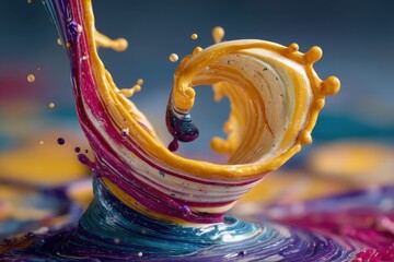 Poster - A mesmerizing close-up of vibrant colorful paints colliding and swirling in a captivating abstract form, creating dynamic motion and artistic expression against blurred background.