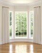 © acoustIcara - A large elegant bay window adorned with flowing white curtains offers a picturesque view of a sunny green garden filling the interior room with light.