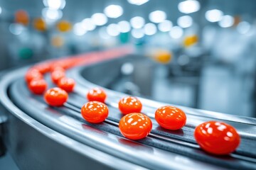 Poster - Close-up shot of red capsules moving on a conveyor belt in a pharmaceutical manufacturing plant, ensuring consistent quality and efficient production process, automation and precision.