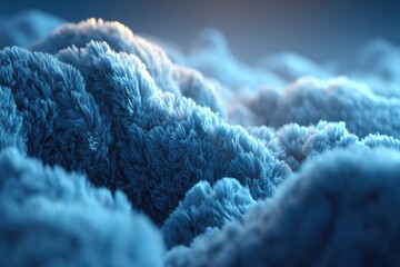 Poster - A breathtaking aerial view of fluffy blue clouds, resembling a vast, textured landscape, with soft light illuminating the peaks and valleys, creating a serene and dreamlike atmosphere.