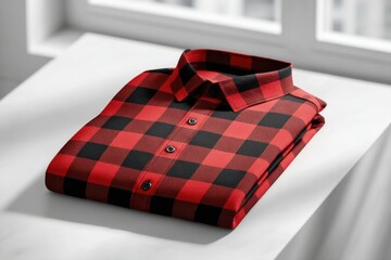 Poster - Folded red and black checkered flannel shirt on white background, next to a window. A fashionable garment, suitable for casual wear and outdoor activities attire.