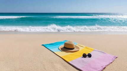 Aufkleber - Brightly colored towel sits on soft sand with a straw hat and sunglasses nearby, as turquoise waves gently lap at the shore under clear blue skies