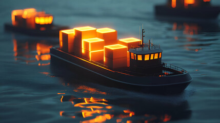 Poster - Glowing Cargo Barge at Night on Dark Water