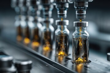 Poster - automated pharmaceutical manufacturing line filling vials with liquid, showcasing precision and effi