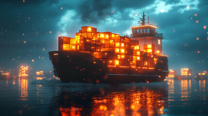 Poster - Glowing Cargo Ship at Night on the Ocean
