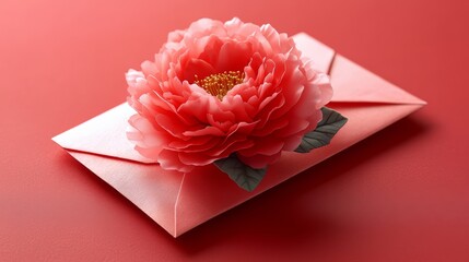 Aufkleber - Pink envelope with a flower on it. The flower is red and has a green stem. The envelope is sitting on a red background