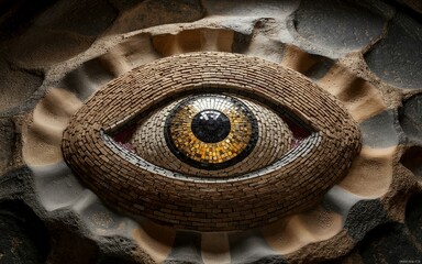 Poster - Closeup of a golden eye mosaic crafted with intricate brown and grey stones